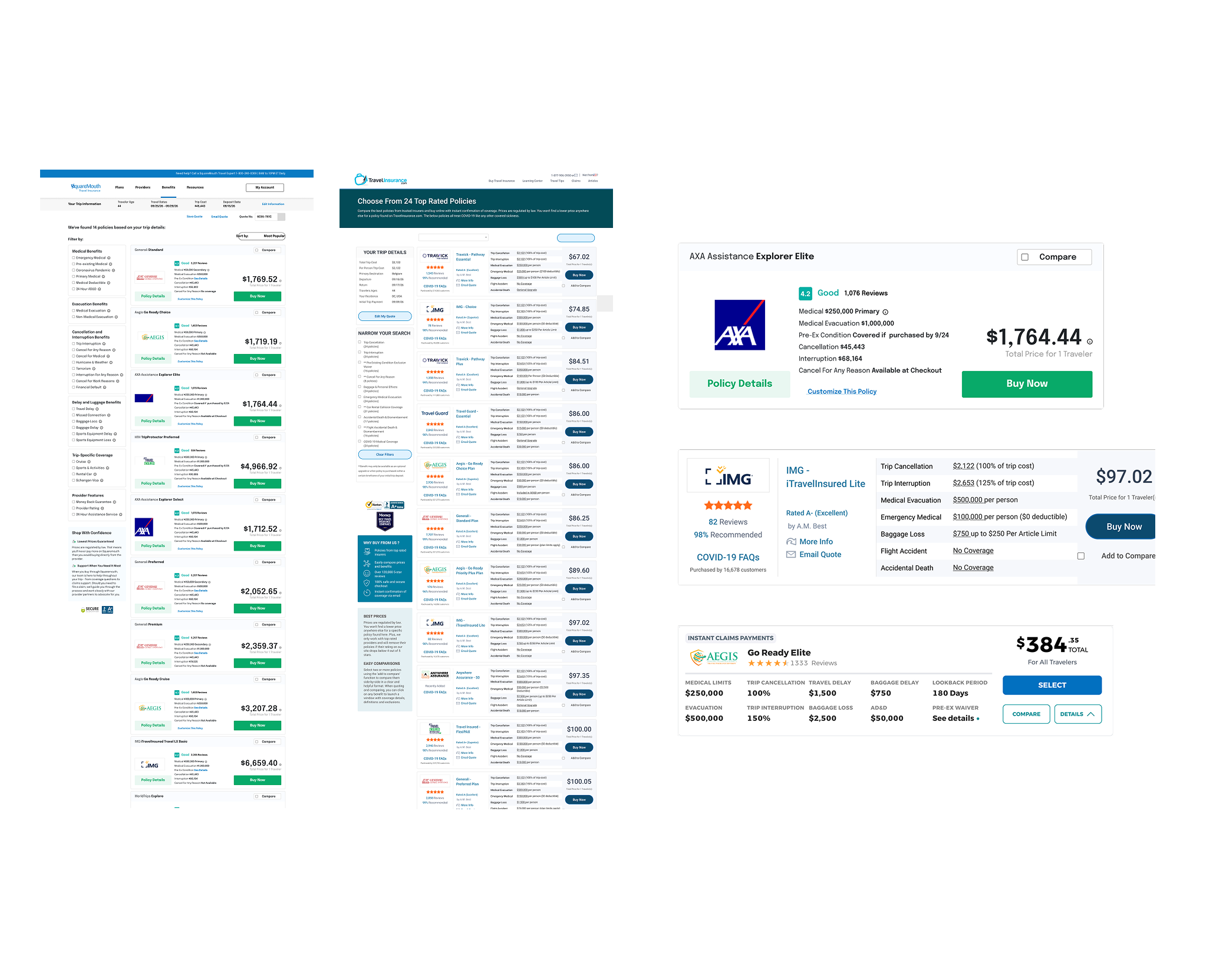 Squaremouth and TravelInsurance.com results pages alongside three plan cards, with Soventure’s labeled coverage grid at the bottom