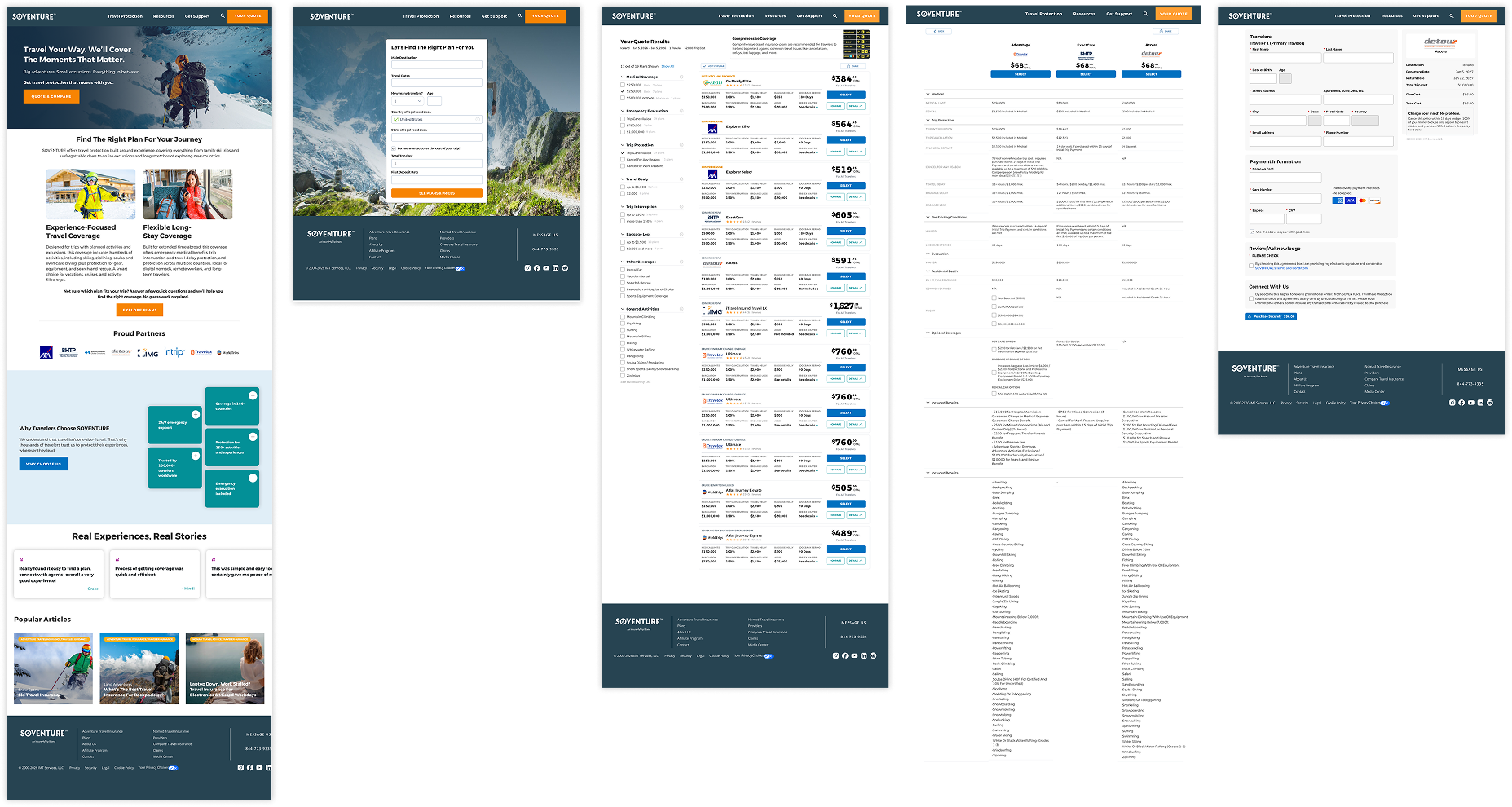 Soventure product journey: homepage, quote form, results, comparison, and plan details.