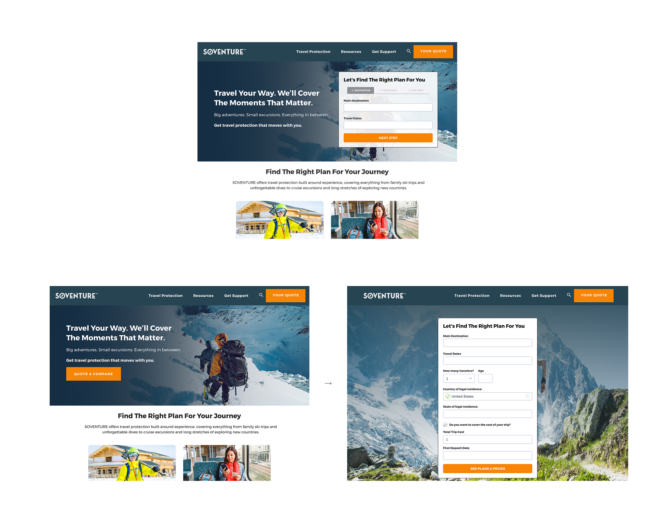 Quote-form A/B test: top, the form embedded on the homepage; bottom, a homepage leading to a separate quote-form page